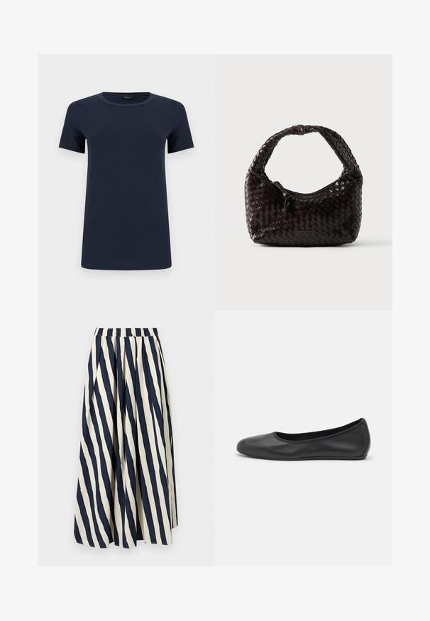 T-shirt en coton bleu marine à manches courtes avec col rond, présenté à plat sur un fond blanc.; Jupe maxi trapèze rayée bleu marine et blanc avec taille élastique, présentée à plat sur un fond clair.; Ballerines en cuir noir avec un bout rond, texture lisse, détails de couture minimalistes et design de semelle flexible.; Sac à main en cuir tressé de couleur brun foncé, de forme arrondie avec une poignée épaisse et tressée. Dispose d'une fermeture éclair et d'un logo discret sur le côté.