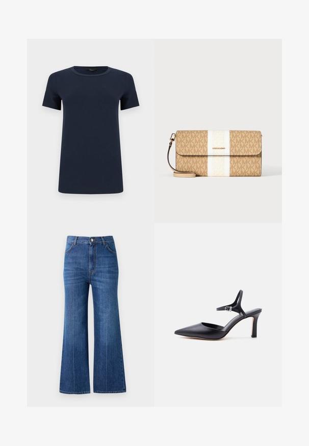 T-shirt en coton bleu marine à manches courtes avec col rond, présenté à plat sur un fond blanc.; Jean large en denim bleu foncé, avec une taille haute, un léger effet délavé et un design classique à cinq poches. Cousu avec un fil de contraste.; Escarpin noir à bout pointu avec fine bride à la cheville et boucle argentée, finition en cuir lisse, chaussure élégante pour femme.; Pochette beige Michael Kors avec motif logo marron, bande blanche centrale, plaque logo dorée et bracelet amovible sur fond blanc.