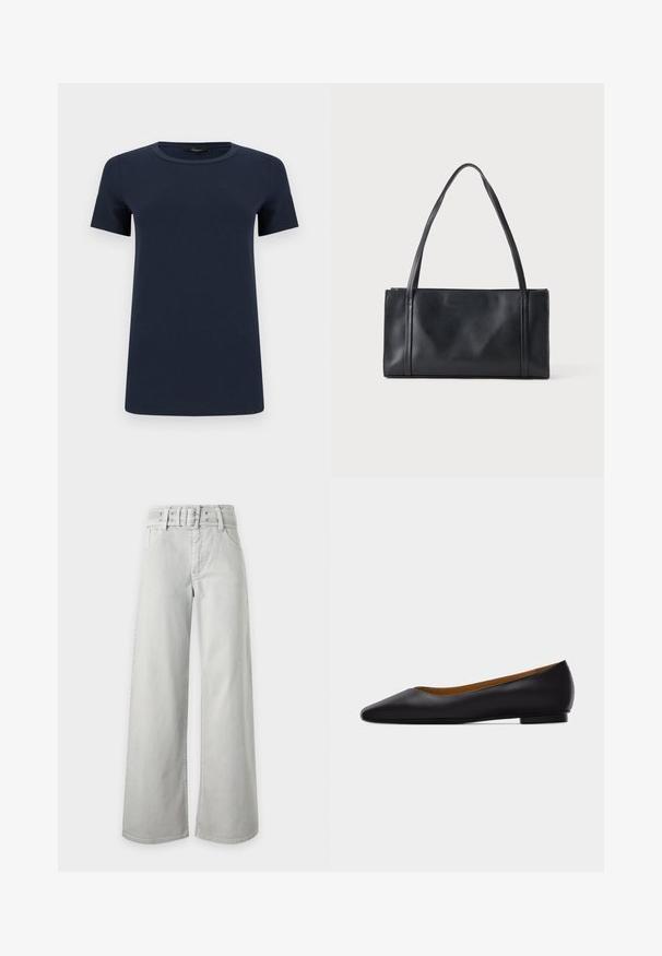 T-shirt en coton bleu marine à manches courtes avec col rond, présenté à plat sur un fond blanc.; Jean gris clair taille haute à jambes larges, avec poches avant, passants de ceinture et ceinture en tissu assortie avec boucle.; Chaussure plate en cuir noir à bout pointu avec talon bas et finition lisse, vue de côté sur un fond gris clair.; Sac à main rectangulaire en cuir noir avec deux fines bandoulières sur un fond clair uni.