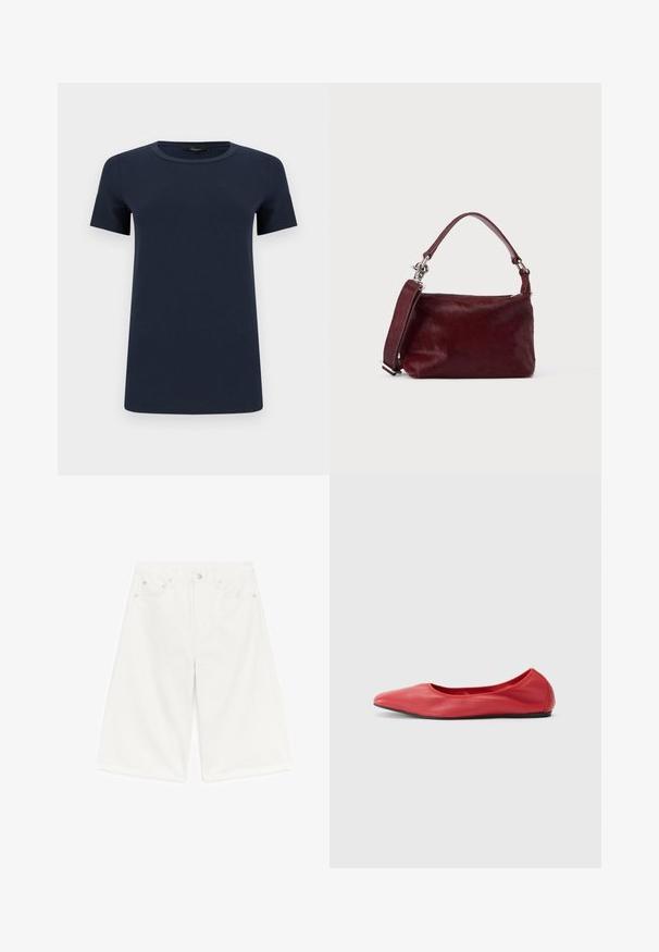 T-shirt en coton bleu marine à manches courtes avec col rond, présenté à plat sur un fond blanc.; Short en denim blanc longueur genou avec poches avant, passants de ceinture et fermeture à bouton sur fond blanc.; Filippa K REY FLATS - Ballerines - bright red; Petit sac à main rectangulaire bordeaux avec finition texturée, poignée courte et bandoulière amovible sur un fond clair uni.
