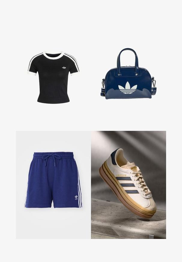 Sort strikket top med korte ærmer med hvid rund halsudskæring, ærmekanter og dobbelte hvide striber på skuldrene, med lille Adidas trefoil-logo på brystet.; Mørkeblå træningsshorts med snøre i taljen, præget af hvide sidelister og et broderet logo nederst til venstre. Blødt stof.; Adidas Gazelle sneaker med en creme farvet ruskindsoverdel, blå læderdetaljer, tre blå striber, beige mellemsål og brune gummisål.; Skinnende mørkeblå håndtaske med dobbelte håndtag og justerbar rem, med en stor hvid Adidas trefoil-logo på forsiden.