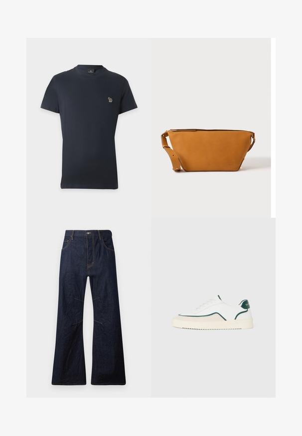 Mørkeblå T-shirt med korte ærmer og rund halsudskæring med en lille flerfarvet elefantlogo på venstre bryst.; Mørkeblå denim flared jeans med gul syning, fem lommer og lynlåsgylf. Har vandrette sømme over knæene.; Hvide lavtop sneakers med grønne detaljer, beige ruskind og en cremefarvet sål med en rilllet bund.; Lys brun læder crossbody taske med justerbar rem og lynlås, vist mod en ensartet lys baggrund.