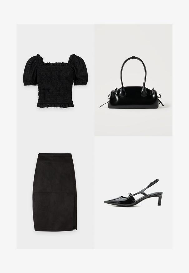 Zwart smocktop met een vierkant decolleté, korte puffmouwen, gerimpelde accenten en een textuurfinish. Heeft een getailleerde bovenkant en een franjezoom.; Zwarte suède pencil skirt met een rechte snit, een subtiele zijspleet en een zachte textuur. Eenvoudige tailleband en een strak design.; Zwarte lakleren slingback schoen met een spits toelopende neus, lage hak en twee verstelbare gespen, zijaanzicht.; Kleine zwarte glanzende handtas met twee lange hengsels en zijkant trekkoord details op een effen lichte achtergrond.