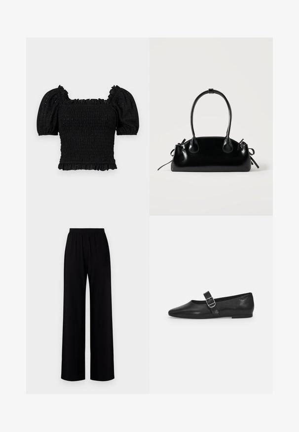 Haut smocké noir avec un décolleté carré, des manches courtes bouffantes, des accents volants et une finition texturée. Présente un corsage ajusté et un ourlet froncé.; Pantalons larges noirs avec une taille élastique, fabriqués à partir d'un tissu lisse, présentant un design simple sans motifs ni décorations visibles.; Chaussure plate en cuir noir avec un bout arrondi, une seule sangle réglable à boucle et une texture lisse et brillante. Design minimaliste avec un petit talon.; Petit sac à main noir brillant avec deux longues anses et des détails à cordon sur les côtés sur un fond clair uni.