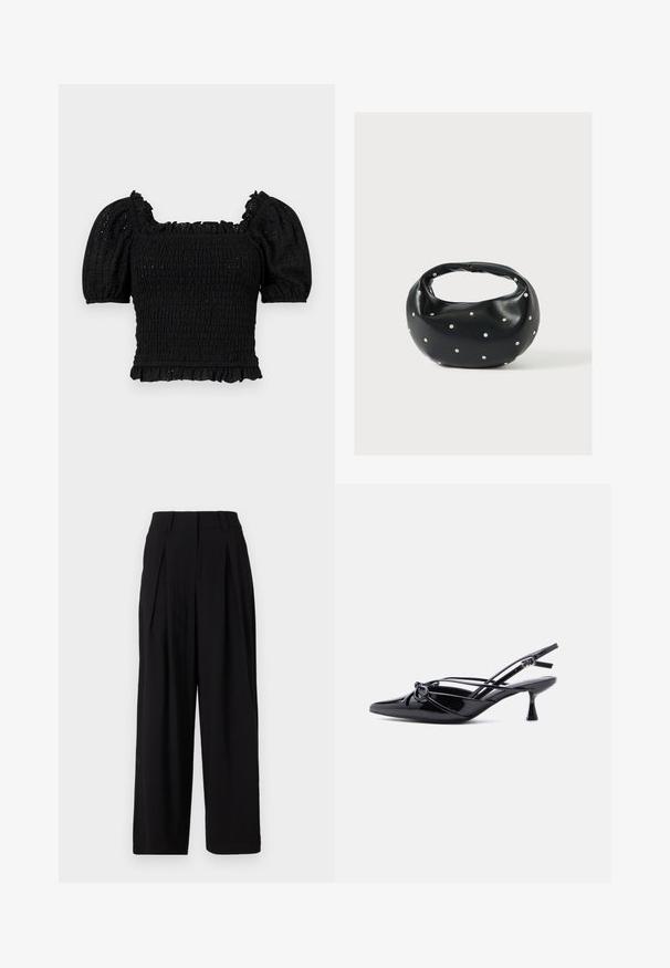 Top negro con fruncido, de escote cuadrado, mangas cortas abullonadas, acentos de volantes y acabado texturizado. Presenta un cuerpo ajustado y un dobladillo con volantes.; Pantalones de pierna ancha negros, hechos de una tela suave, con una cinturilla alta, pliegues en la parte delantera y una silueta fluida.; Zapato de salón slingback de charol negro con punta afilada, tacón bajo tipo kitten, y detalle decorativo de lazo anudado en la parte delantera.; Bolso de mano de cuero negro con forma redondeada, decorado con detalles de tachuelas plateadas y un asa corta. Textura lisa y cierre con cremallera.