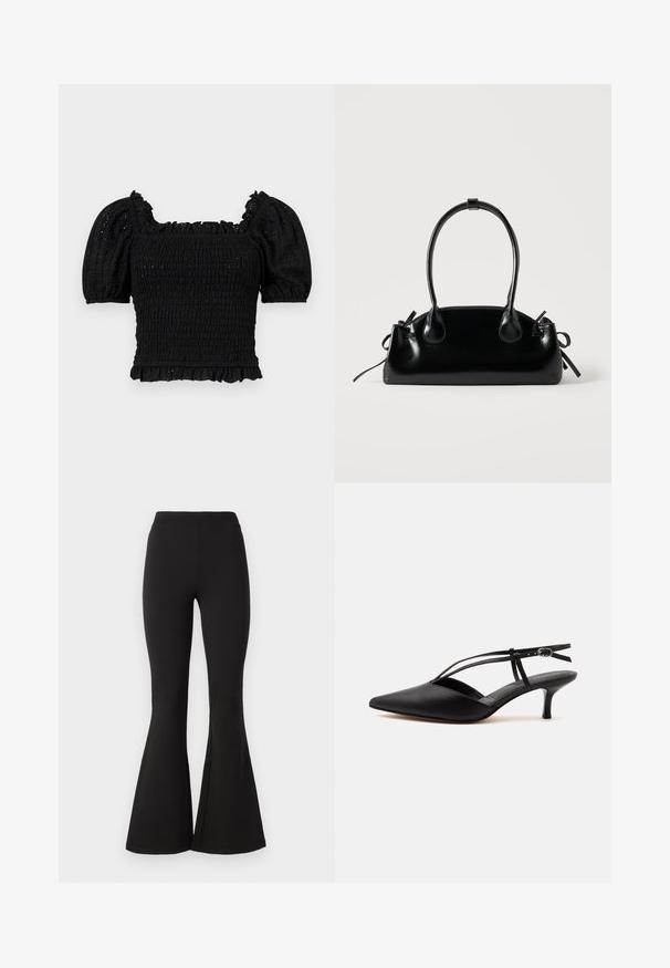 Schwarzes Smock-Oberteil mit quadratischem Ausschnitt, kurzen Puffärmeln, Rüschendetails und strukturierter Oberfläche. Verfügt über ein figurbetontes Oberteil und einen fransigen Saum.; Schwarze, ausgestellte Leggings aus dehnbarem Material, mit einem hohen Taillenbund und einer glatten Textur, die sich bis zu einem weiten Saum an den Knöcheln verjüngen.; Schwarzer Leder-Kitten-Heel mit spitzer Schuhspitze, dünnem Knöchelriemen und Schnalle, Slingback-Design, auf hellem einfarbigem Hintergrund.; Kleine schwarze glänzende Handtasche mit zwei langen Griffen und seitlichen Kordelzug-Details vor einfachem hellem Hintergrund.