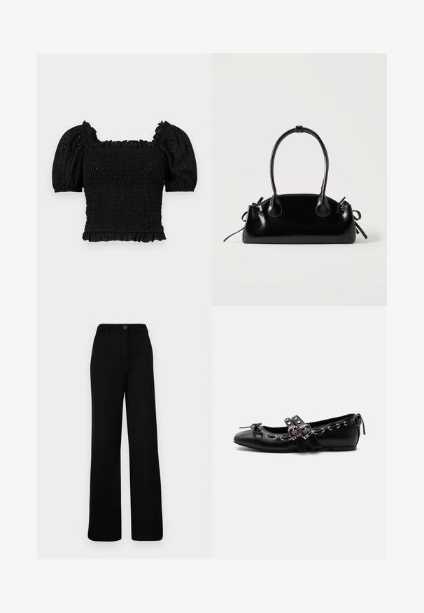 Haut smocké noir avec un décolleté carré, des manches courtes bouffantes, des accents volants et une finition texturée. Présente un corsage ajusté et un ourlet froncé.; Pantalons larges noirs à devant plat, fermeture à bouton et taille structurée. Fabriqués en tissu lisse avec un design ajusté.; Chaussure de ballet plate noire avec doubles brides à boucle, œillets argentés et petit nœud près de l’orteil arrondi sur fond blanc.; Petit sac à main noir brillant avec deux longues anses et des détails à cordon sur les côtés sur un fond clair uni.