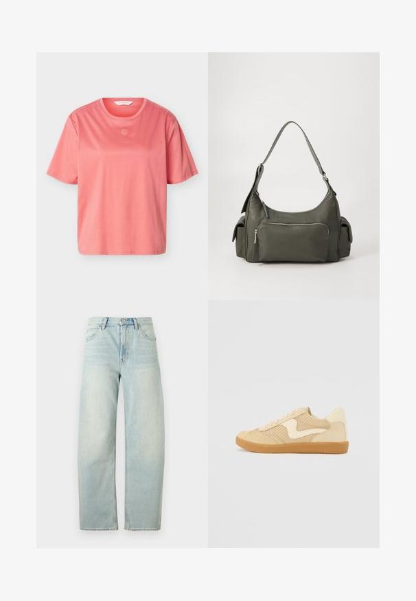 T-shirt en coton rose corail à manches courtes avec un col rond et un petit logo circulaire blanc centré sous le col.; Jean taille haute bleu clair, coupe droite, avec bouton à l'avant et poches, présenté sur un fond blanc uni.; Sneaker beige avec des matériaux en daim et en maille, forme arrondie, col rembourré proéminent et semelle en caoutchouc gomme. Présente un accent de design en forme de vague.; Sac à épaule en cuir vert avec un design arrondi, poche zippée à l'avant et poches supplémentaires sur les côtés. Texture lisse et matériel minimal.