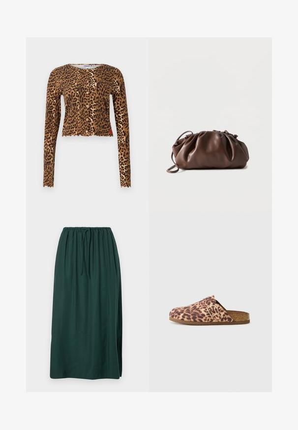 Cropped cardigan i leopardprint med lange ærmer, brune og sorte farver, knaplukning og bølgede kanter. Blød materiale tekstur.; Lang, mørkegrøn nederdel lavet af glat stof, med en elastisk talje og snøre, samt en sideslids for øget bevægelse.; Leopardmønstret slip-on klip klip med en guldspænde detalje. Blødt materiale, korkfodbed og en tekstureret brun sål for godt grep.; Blød brun læderpung med samlet top og tynd strop, hvilende på hvid baggrund.