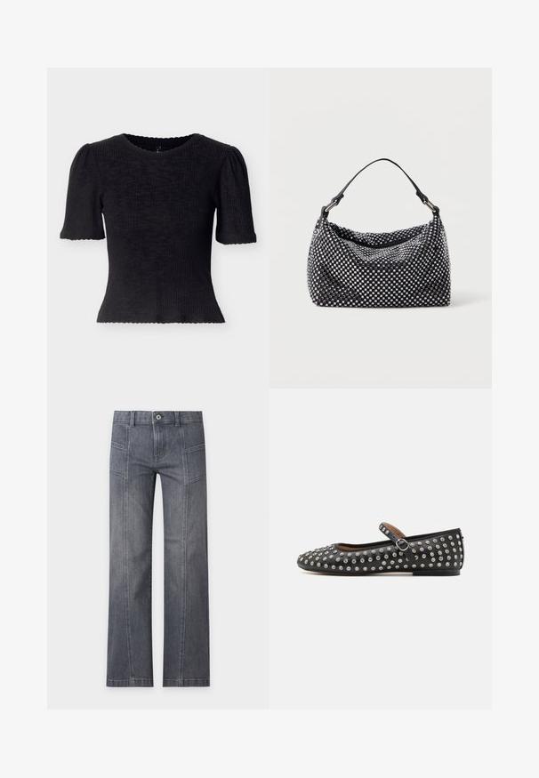 Sort ribbet top med korte pufærmer og en bølget halsudskæring. Figursyet design med tekstureret stof og cropped kant.; Grå straight-leg denim jeans med detalje ved frontsyning, bæltestropper og knaplukning på en ensartet lys baggrund.; Sort læder flad sko med rund tå, der har en rem og sølvfarvede nitter jævnt fordelt over den øverste overflade.; Sort og sølv håndtaske med en vævet, struktureret overflade med firkantede mønstre, en enkel top håndtag og et slasket design.