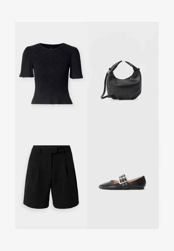 Zwart geribbeld topje met korte pofmouwen en een golvende halslijn. Getailleerd ontwerp met gestructureerde stof en een cropped zoom.; Zwarte op maat gemaakte shorts, gemaakt van een gladde stof, met een hoge taille, plooien, ceintuurlussen en zijzakken, met een strakke afwerking.; Zwarte platte leren schoen met spits toelopende neus en een decoratieve gespsluiting met zilverkleurige metalen details en kleine uitsparingen.; Zwart gevlochten lederen handtas met korte handgreep en afneembare schouderriem, getoond tegen een effen lichte achtergrond.