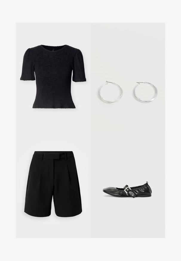 Haut noir côtelé avec manches courtes bouffantes et encolure festonnée. Coupe ajustée avec tissu texturé et ourlet court.; Shorts noirs ajustés, en tissu lisse, avec une taille haute, des plis, des passants de ceinture et des poches latérales, au design épuré.; Chaussure plate en cuir noir avec un nez pointu, des détails froncés autour de l'ouverture et un accent en boucle argentée sur la bride ajustable.; Boucles d’oreilles créoles en métal argenté avec une surface lisse légèrement incurvée et des fermoirs à clapet sur un fond blanc uni.