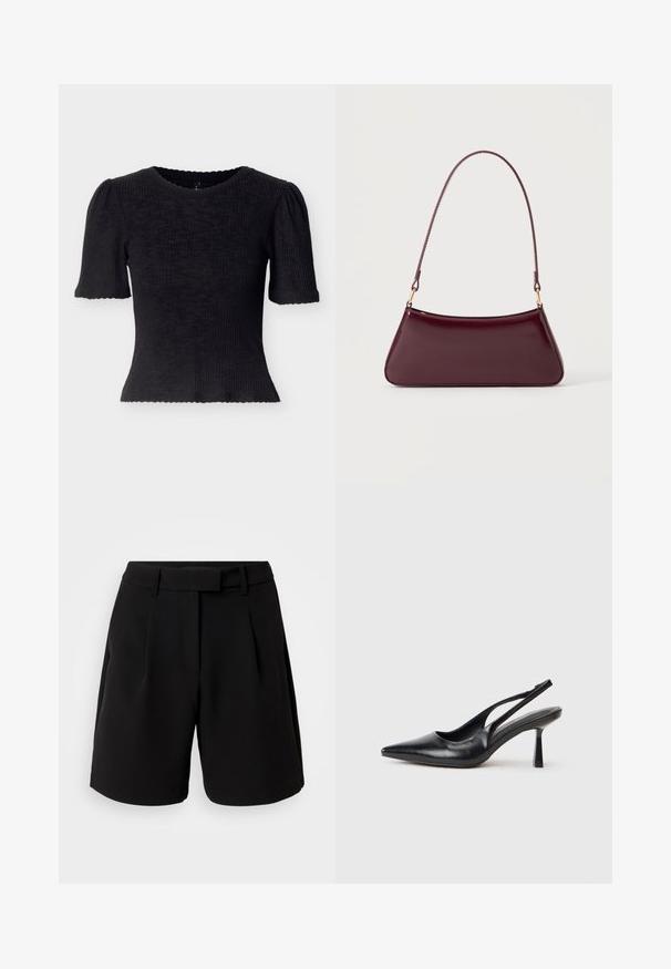 Schwarzes, geripptes Oberteil mit kurzen Puffärmeln und einem wellenförmigen Ausschnitt. Eng anliegendes Design mit strukturiertem Stoff und einem kurz geschnittenen Saum.; Schwarze maßgeschneiderte Shorts aus glattem Stoff, mit hoher Taille, Falten, Gürtelschlaufen und Seitentaschen, in einem klaren Design.; Schwarzer Leder Slingback High Heel Schuh mit spitzer Zehenpartie und schmalem Absatz auf einem weißen Hintergrund.; Dunkelburgunderfarbene, glänzende Handtasche mit einem einzigen dünnen Griff und einer schlanken, trapezförmigen Form auf einem schlichten hellen Hintergrund.