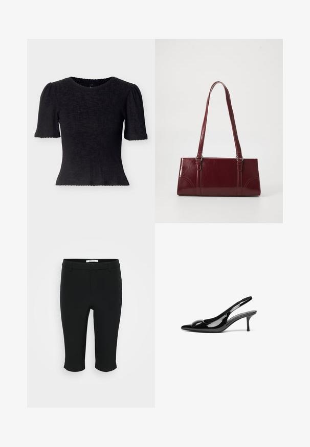 Schwarzes, geripptes Oberteil mit kurzen Puffärmeln und einem wellenförmigen Ausschnitt. Eng anliegendes Design mit strukturiertem Stoff und einem kurz geschnittenen Saum.; Schwarze Caprihosen aus einem glatten Stoff. Sie haben einen flachen Bund mit Gürtelschlaufen und einen verkürzten Saum. Einfaches Design ohne sichtbare Muster.; Schwarze patentierte Slingback-Absätze mit spitzem Zehenbereich und glänzender Oberfläche. Besitzt einen schlanken Absatz und eine abgerundete Akzentuierung am Schuhoberteil.; Burgunderfarbene Handtasche aus glänzendem Material, rechteckige Form, mit zwei Schulterriemen und subtilen, geschwungenen Akzenten an der Vorderseite.