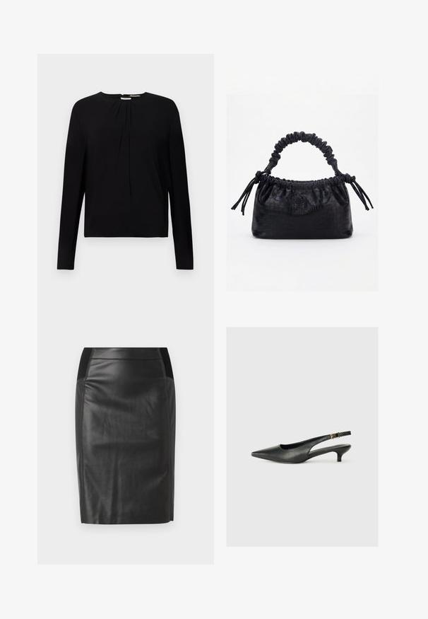 Sort langærmet top med ribbet tekstur, rund halsudskæring og plisserede detaljer foran, som tilbyder en afslappet pasform.; Sorte læderblyantskirt med en tætsiddende design, glat tekstur og elastisk talje med detaljer på begge sider. Flad kant i bunden.; Sorte spidse slingback-sko lavet af glat læder. Har en tynd hæl og en spænde detalje på den justerbare rem.; Sort taske med krokodilletekstur, rynket øverste kant, samlet hank og snore med kvaster på hver side mod en hvid baggrund.