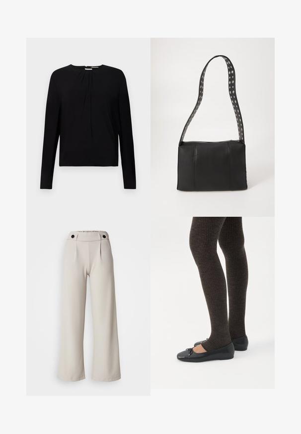 Top negro de manga larga con textura acanalada, cuello redondo y detalles plisados en la parte frontal, que ofrece un ajuste relajado.; Pantalones de pierna ancha plisados en tejido de color beige claro con una textura suave, que cuentan con una cintura fruncida y dos botones negros en la cinturilla.; Piernas con leggings oscuros acanalados combinados con bailarinas negras que presentan pequeños detalles de lazo sobre un fondo blanco.; Bolso de cuero negro con forma rectangular, que cuenta con un cierre de cremallera y una correa con lunares. Textura suave, con detalles de costura mínimos.