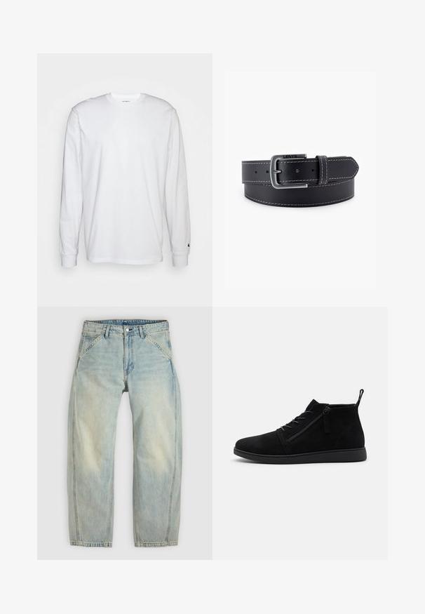 Hvid langærmet T-shirt lavet af bomuld. Rund halsudskæring med ribbede manchetter og et lille logo på venstre ærme. Glat tekstur.; Lys blå jeans med vide ben lavet af denim. Har fem lommer, en knaplukning og falmede områder for et brugt udseende.; Sorte ruskind ankelstøvler har en rund tå, snørebånd foran og en lynlås i siden. Sålen er flad med en tekstureret overflade for bedre greb.; Sort læderbælte med en sølvfarvet metalspænde, kontrasterende hvide syninger og en glat overflade. Indeholder flere justeringshuller.