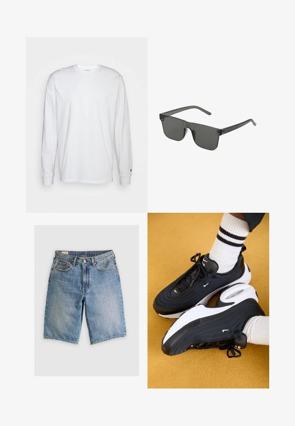 Hvid langærmet T-shirt lavet af bomuld. Rund halsudskæring med ribbede manchetter og et lille logo på venstre ærme. Glat tekstur.; Lyseblå denimshorts med klassisk snit. Har fem lommer, orange stikninger og rå skærmkanter.; Sorte Nike Air Max 97 sneakers med tekstureret overdel, hvid sål og sorte accenter. Båret med hvide ribbede sokker med sorte striber.; Grå solbriller med rektangulær form, lavet af gennemsigtig plastic. Mørke linser og slanke arme med en subtil logo detalje på siden.