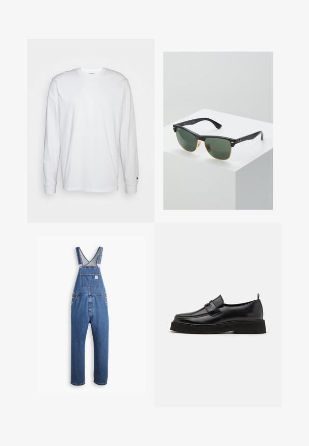 Hvid langærmet T-shirt lavet af bomuld. Rund halsudskæring med ribbede manchetter og et lille logo på venstre ærme. Glat tekstur.; Denim overalls i mellemblå, med justerbare stropper, en frontlomme og metalbeslag, i en afslappet pasform og lige ben-design.; Sorte læder loafersko i stil med flad, tekstureret sål, med en syet tå og en rem over vristen.; Ray-Ban solbriller med grønne linser, sorte plastikstel og gyldne detaljer ved kanterne. Firkantet form med mat finish.