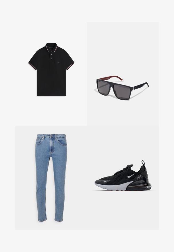 Čierne polo tričko s klasickým golierom, bielo-červenými pruhmi na golieri a rukávoch a trojbuttonovým zapínaním.; Svetlomodré slim-fit džínsy s predným gombíkom a zipsom, predné a zadné vrecká, zobrazené na bielom pozadí.; Čierne športové topánky s hornou časťou z mäkkej sieťoviny, bielou medzipodrážkou a viditeľným vzdušným tlmením v päte. Elegantný dizajn s jemnými striebornými akcentmi.; Tommy Hilfiger Slnečné okuliare - matte blue