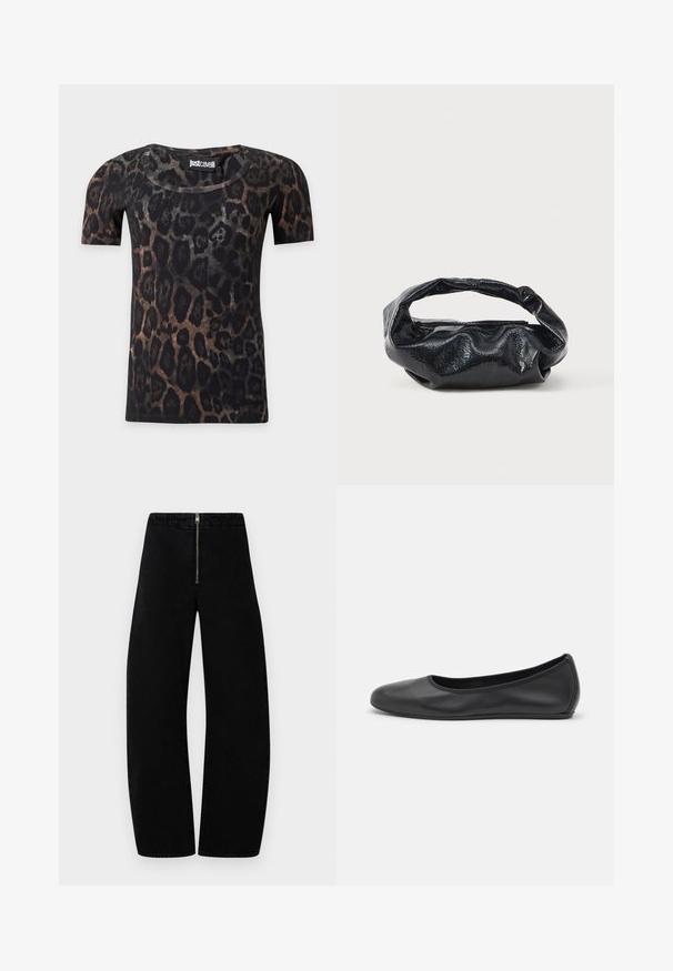Chemise à manches courtes imprimé léopard avec un col rond en tons noirs et bruns, avec une étiquette de la marque Just Cavalli à l'intérieur du col.; Pantalon en denim noir avec une fermeture éclair, coupe large et texture lisse. Aucun motif ou accent visible. Silhouette propre et simple.; Ballerines en cuir noir avec un bout rond, texture lisse, détails de couture minimalistes et design de semelle flexible.; Sac noir en matériau texturé et brillant avec une poignée circulaire torsadée et une fermeture éclair. Présente un design doux et froissé.