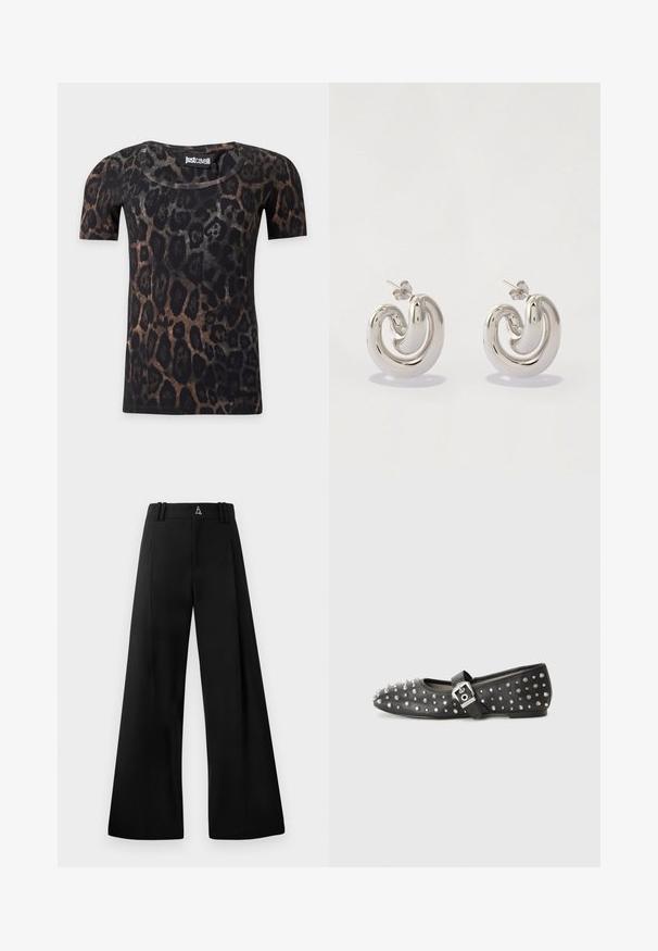 Kortærmet leopardprint skjorte med rund halsudskæring i sort og brune toner, med Just Cavalli mærke inde i kraven.; Sorte bredbenede bukser lavet af glat stof, med høj talje, plisseringer og et logo bagpå. Rent, skræddersyet design uden mønstre.; Sorte flade sko prydet med sølvnitter, med en rem med spænde. Skoen har en spids tå og en lav hæl.; Sølv metaløreringe med et svunget design, der har glatte overflader og en poleret finish, sikret med en sommerfugleklips.