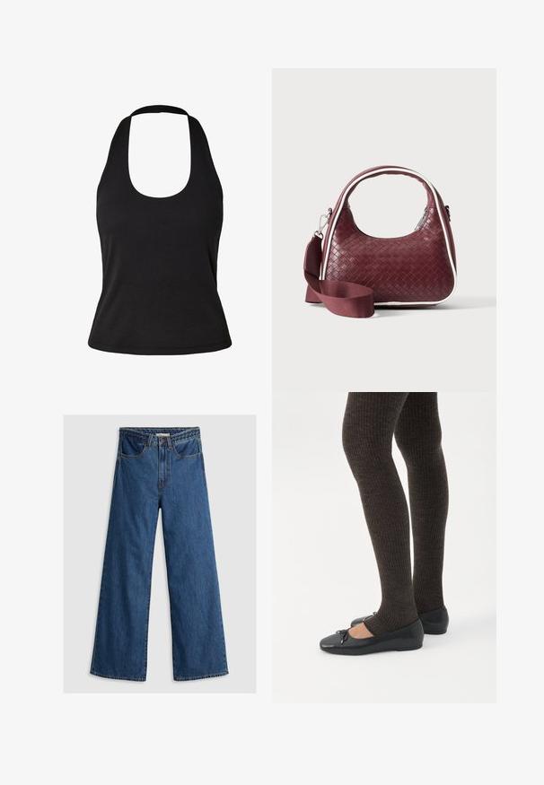 Sort ribbet ærmeløs haltertop med rundet udskæring og tætsiddende talje.; Bredde ben blå denim jeans med høj talje, der har et klassisk fem-lomme design og en tekstureret taljebånd.; Ben iført mørke ribbede leggings kombineret med sorte balletsko med små sløjfedetaljer på hvid baggrund.; Mørkerød vævet lædertaske med buet hank, hvid kant, sølv lynlås og aftagelig bred stofskulderrem mod en ensfarvet baggrund.