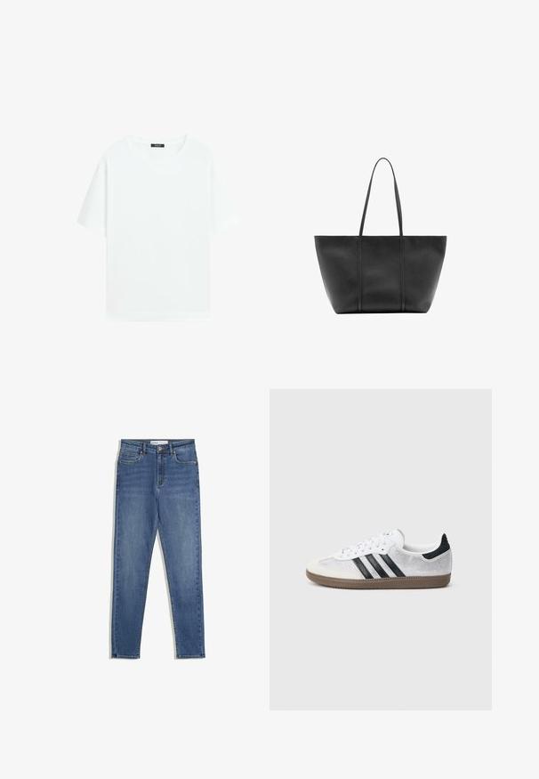 Effen wit T-shirt met korte mouwen en ronde hals, met een klein zwart label aan de binnenkant van de kraag.; Blauwe denim jeans met een hoge taille, slim fit, zijzakken, een ritssluiting en contrasterende stiksels. Gestructureerd ontwerp met een gladde textuur.; Witte mesh sneaker met zwarte strepen, beige suède neuskapje en hielaccent, gestructureerde rubberen zool en witte veters. Klassiek ontwerp met lage schacht.; Zwarte leren tote-tas met lange smalle handvatten, een gestructureerd oppervlak en een brede open bovenkant.