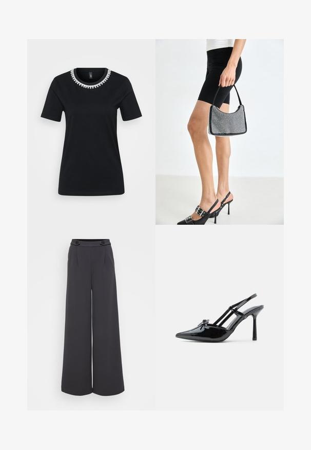 Camiseta negra de manga corta con un cuello decorativo de cuentas. Fabricada en una tela suave, con un corte estándar y dobladillo redondeado.; Pantalones de pierna ancha en tejido gris oscuro. Presenta pliegues en la parte frontal y dos botones decorativos en la cintura. Textura suave y forma entallada.; Zapato tipo slingback de charol negro con tacón alto, punta puntiaguda, tacón delgado y doble tira cruzando el empeine.; Bolso de cuentas negras con una silueta curva, asa de transporte y textura brillante. Llevado con zapatos de tacón altos negros y pantalones cortos negros ajustados.
