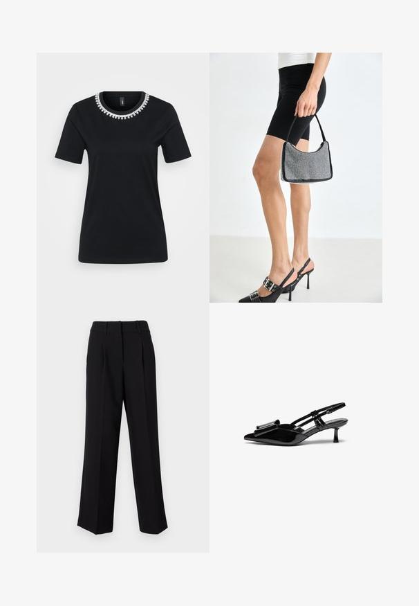 Camiseta negra de manga corta con un cuello decorativo de cuentas. Fabricada en una tela suave, con un corte estándar y dobladillo redondeado.; Pantalones negros con un diseño recto y de pierna ancha, que presentan un frente plano, lazos para cinturón y una textura suave. Aptos para diversas ocasiones.; Zapatos de tacón slingback de charol negro con punta afilada, detalle de lazo en el frente y un pequeño tacón de aguja. Las correas tienen hebillas ajustables.; Bolso de cuentas negras con una silueta curva, asa de transporte y textura brillante. Llevado con zapatos de tacón altos negros y pantalones cortos negros ajustados.