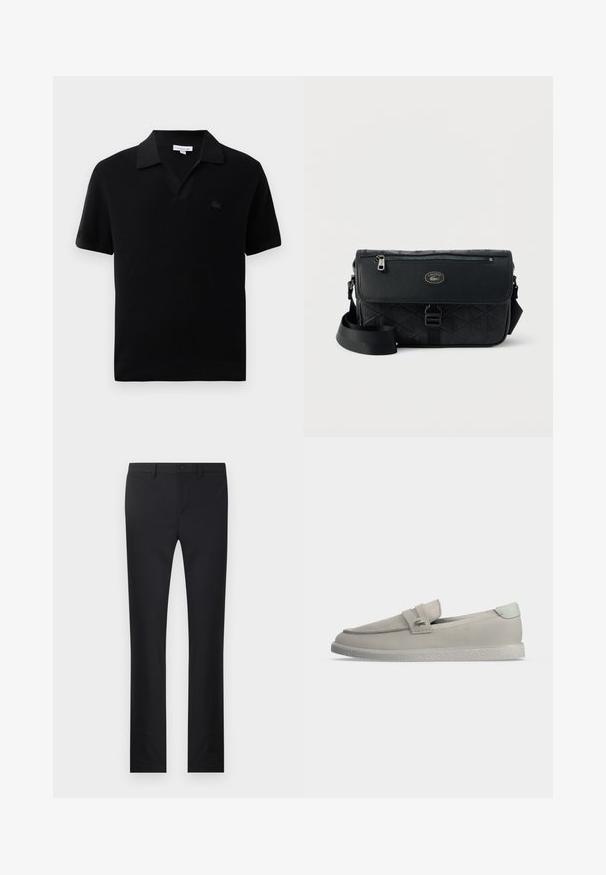 Polo de manga corta negro con diseño de cuello en V, textura acanalada y un pequeño logo tonal en el pecho. Acabado de tela suave.; Pantalones negros con diseño de pierna recta, confeccionados en una tela suave. Presenta bolsillos frontales, cierre de botón y trabillas para cinturón.; Mocasín de ante beige claro con suela plana texturizada, correa plegada en la parte superior y un pequeño logotipo metálico en el lateral.; Bolso mensajero negro con textura geométrica, solapa de cuero lisa, herrajes plateados y correa ajustable; cuenta con un compartimento con cremallera.
