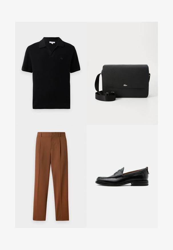 Polo de manga corta negro con diseño de cuello en V, textura acanalada y un pequeño logo tonal en el pecho. Acabado de tela suave.; Pantalones marrones con una textura suave y mate, que presentan un diseño con pliegues en la parte frontal y piernas rectas. Fabricados en un tejido ligero y transpirable.; Mocasín de hombre de piel negra con costura moc toe, tira penny, cuello texturizado y tacón bajo apilado sobre fondo blanco.; Bolso cruzado de cuero negro con una textura suave, tapa frontal, acento con logo plateado y correa de tela ajustable.