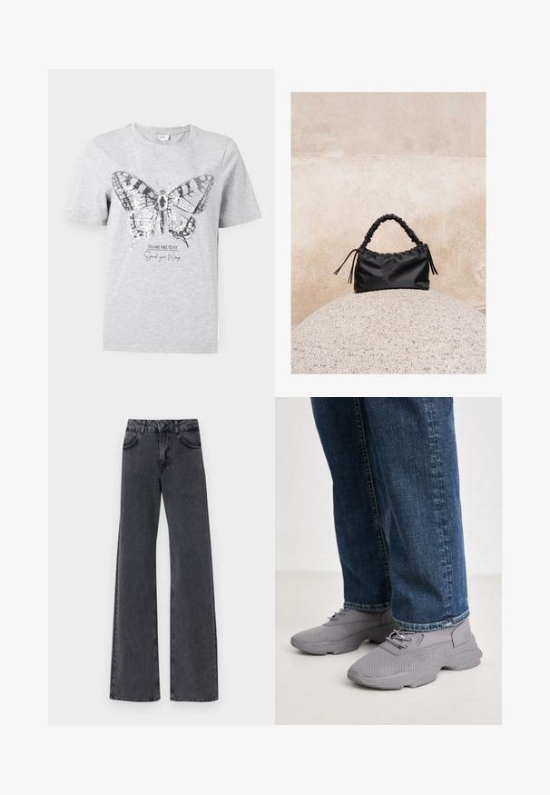 Γκρι βαμβακερό T-shirt με γραφικό πεταλούδας με ασημένια γυαλιστερά στοιχεία. Κείμενο από κάτω λέει "ΕΙΣΑΙ ΕΛΕΥΘΕΡΟΣ ΝΑ ΠΕΤΑΣ Άνοιξε τα Πτέρυγές σου."; Μαύρα τζιν καμπάνα με ψηλή μέση, διαθέτοντας δύο μπροστινές τσέπες και διακριτές ραφές κατά μήκος των ραφών.; Steve Madden MATCHE - Αθλητικά παπούτσια - paloma grey; Μαύρη τσάντα με πιέτες και συγκεντρωμένη χειρολαβή, τοποθετημένη πάνω σε υφή σφαιρικής πέτρας μπροστά από μια μπεζ τσιμεντένια επιφάνεια.