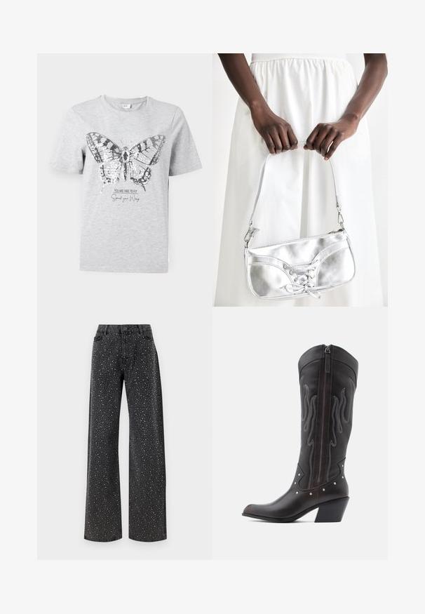 Hallhalli puuvillane T-särk, millel on liblikakujutis, millel on sädelusaktsendid. Allpool on tekst "SA OLED VABA LENDAMA Laota oma Tiivad."; Noisy May Rhinestone - Avar lõikega teksad - black denim; Pruunid nahast kootsasaapad leegitikkimisega, küljes lukk, hõbedased naelad, terav nina ja paks konts.; Hõbedane metallist käekott, millel on paeltega detail, elegantse disainiga ja lühikese rihmaga. Kotti hoitakse kätes, esitades selle tekstuuri.