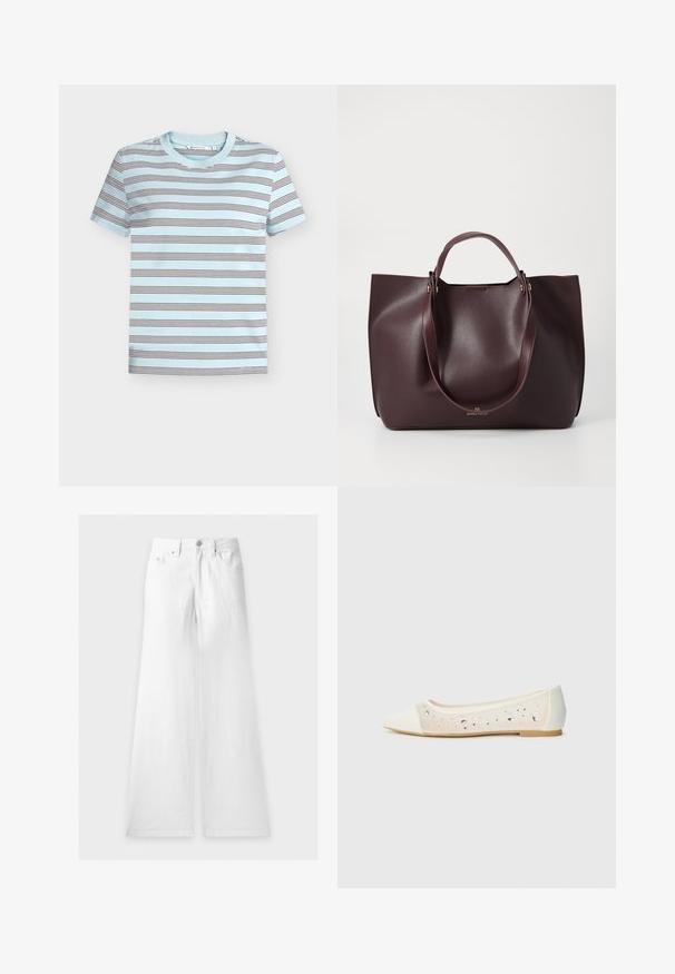T-shirt rayé bleu clair, avec des rayures horizontales marron foncé et blanches. Manches courtes, encolure ronde, et texture de tissu douce.; Jean blanc taille haute à jambes larges avec passants de ceinture, bouton à l’avant, fermeture éclair et deux poches avant, posé à plat sur fond blanc.; Mocassins à bout pointu en cuir crème avec un dessus transparent ornés de strass dispersés. Semelle douce pour le confort, design minimaliste.; Sac fourre-tout en cuir bordeaux avec une texture lisse, deux poignées solides et un design minimaliste. Présente un subtil détail en métal doré.