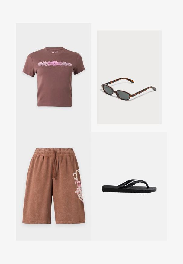 T-shirt marron court avec manches courtes, présentant une rangée horizontale de fleurs d'hibiscus roses et le nom de la marque Roxy au-dessus du motif.; Shorts marron jusqu'au genou avec taille élastique et cordon, avec un motif textuel floral blanc et rose partiel sur la jambe droite.; Tongs en caoutchouc noir avec semelle texturée et bride en Y lisse sur un fond clair uni.; Petites lunettes de soleil ovales en écaille avec des verres foncés reposant sur une surface gris clair.