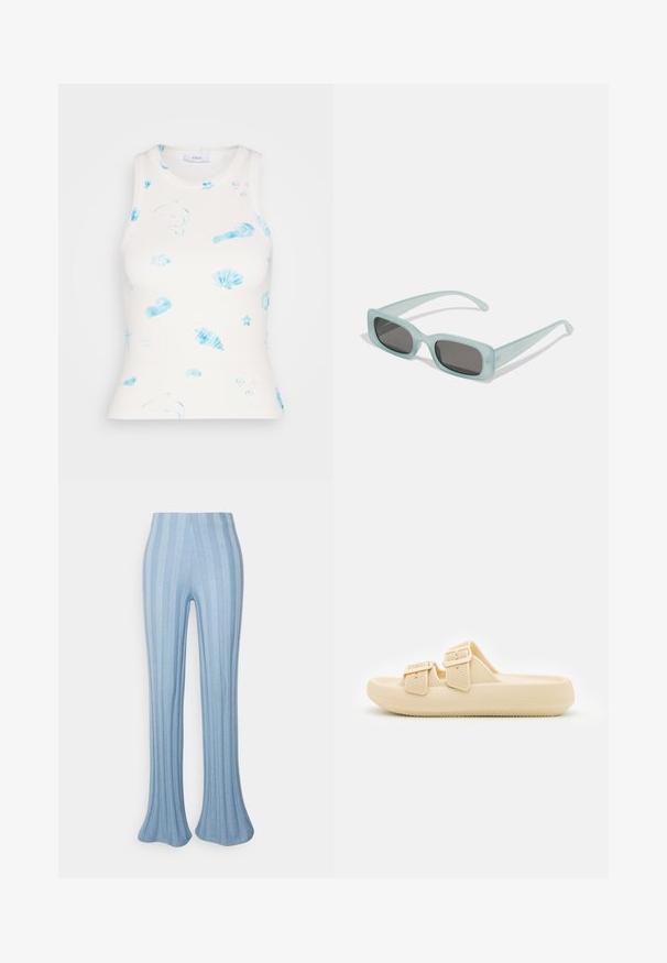 Envii ALLY RACER - Top - beach club; Even&Odd by Zalando Pantalones - blue; Sandalia beige tipo slip-on con parte superior texturizada, correas ajustables con hebilla y una suela gruesa y acolchada. Diseño liviano adecuado para uso casual.; Un par de gafas de sol rectangulares con montura translucida azul clara y lentes gris oscuro, que cuentan con patillas rectas y detalles de hardware mínimos.