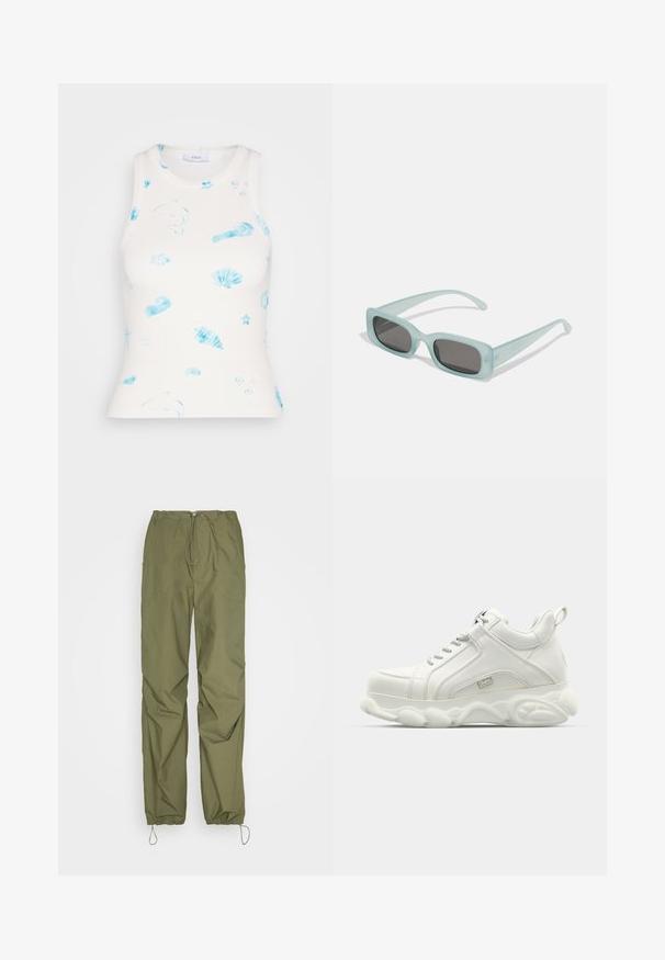 Envii ALLY RACER - Débardeur - beach club; Cotton On JORDAN PANT - Pantalon classique - khaki; Baskets blanches de sport avec une tige en cuir lisse, une semelle arrondie et un accent texturé. Comprend des lacets et une languette à l'arrière.; Une paire de lunettes de soleil rectangulaires avec des montures translucides bleu clair et des verres gris foncé, présentant des branches droites et des détails matériels minimaux.