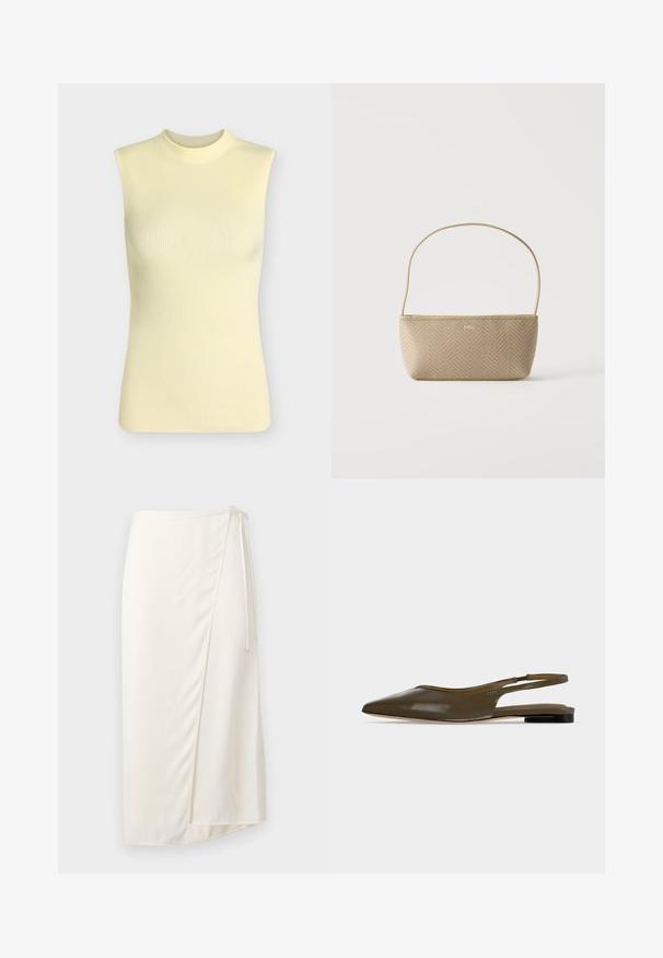 Top sans manches en maille côtelée jaune pâle avec un col rond montant, silhouette ajustée et tissu doux texturé.; Jupe enveloppante crème en tissu lisse, avec une fermeture à nouer sur le côté et un ourlet à mi-genoux avec une légère fente à l'avant pour plus de liberté de mouvement.; Chaussure plate à bout pointu vert olive avec bride arrière, talon noir bas et finition lisse et brillante.; Sac à main tissé beige avec fine bandoulière et petit logo doré "BOSS" à l'avant, présenté sur fond blanc uni.