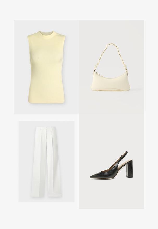 Top sans manches en maille côtelée jaune pâle avec un col rond montant, silhouette ajustée et tissu doux texturé.; Pantalon blanc taille haute à jambes larges, confectionné, avec plis devant et fermeture éclair cachée.; Chaussure slingback en cuir noir à bout pointu avec un talon bloc haut et une doublure intérieure beige sur un fond clair uni.; Petit sac à main couleur crème avec une forme incurvée et une poignée en chaîne torsadée ton or, fermeture éclair sur le dessus