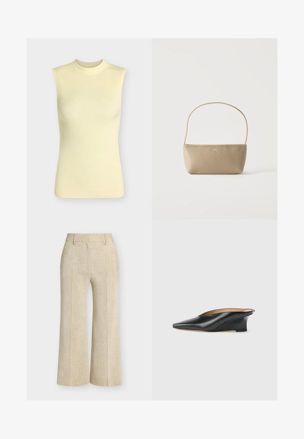 Top sans manches en maille côtelée jaune pâle avec un col rond montant, silhouette ajustée et tissu doux texturé.; Pantalon beige à jambes larges avec passants de ceinture, plis devant et finition en tissu texturé.; Chaussure compensée en cuir verni noir avec un bout pointu et un dos ouvert, présentant un design élégant et courbé ainsi qu'un style minimaliste.; Sac à main tissé beige avec fine bandoulière et petit logo doré "BOSS" à l'avant, présenté sur fond blanc uni.