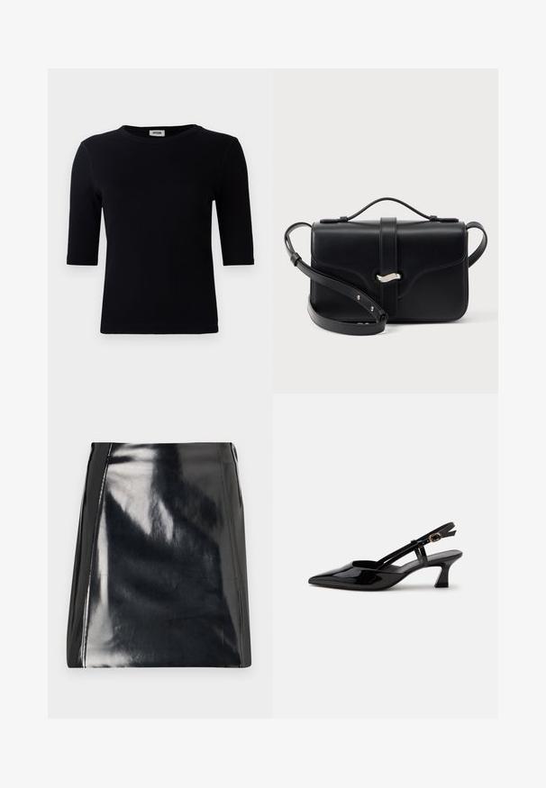 Sort ribbet t-shirt med rund halsudskæring og trekvart ærmer. Stoffet har en glat tekstur og lige kant. Ingen synlig branding.; Sort læder mini skirt med en højglans finish. Har synlige syningsdetaljer og en tætsiddende silhuet. Glat tekstur hele vejen igennem.; Sort laklæderslingback med lille hæl, spids tå og justerbar guldlåsrem på hvid baggrund.; Sort lædertaske med topstykke, sølvspænde og justerbar skulderrem på hvid baggrund.