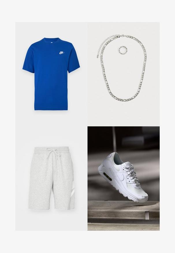 Sinine Nike lühikeste varrukatega T-särk valge logoga vasakul rinnal, ümara kaelusega ja tavalise lõikega.; Meeste hallid spordilühikesed püksid, mis on valmistatud pehmest puuvillast, elastse vöökoha ja paelaga, küljetaskute ning valge logo detailiga.; Valged Nike Air Max 90 sneakers, millel on võrkkangast ja nahast ülemine osa, aukudega varbadosa ning nähtav õhuüksus kandades.; Hõbedatooniline ehetesett, mis sisaldab paksu kettkaelakeed lukuga ja sellele sobivat tekstuuriga sõrmust. Mõlemad osad on läikivad ja metallilised.