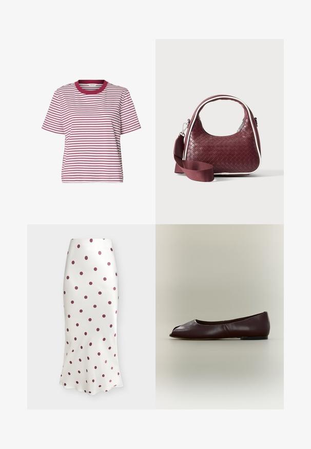 T-shirt blanc à manches courtes avec fines rayures horizontales rouges et un col rond rouge uni.; Jupe midi blanche à pois bordeaux, cintrée en haut et légèrement évasée à l'ourlet.; Chaussure plate en cuir marron foncé avec bout ouvert et petit talon sur fond clair uni.; Sac à main en cuir tressé marron foncé avec poignée courbée, garniture blanche, fermeture éclair argentée et bandoulière large en tissu amovible sur fond uni.