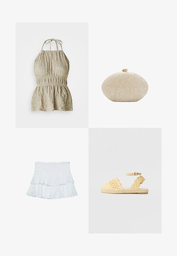 Haut halter beige clair en tissu texturé, avec un buste froncé et une taille élastique, conçu pour un look décontracté et relax.; Jupon blanc à plusieurs niveaux en tissu doux et léger. Il présente une taille smockée et des volants fluides qui créent du volume et du mouvement.; Sandale tressée jaune avec un bout fermé, une sangle à la cheville réglable et une semelle en jute texturée, avec des motifs découpés sur les côtés.; Pochette ovale beige marbrée avec un fermoir nœud torsadé doré sur le dessus, sur fond blanc.