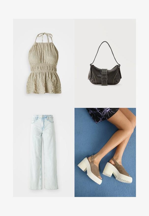 Top halter de color beige claro con tejido texturizado, que presenta un cuerpo fruncido y una cintura elástica, diseñado para un look casual y relajado.; Jeans de pierna ancha de talle alto en denim de color azul claro. Cuenta con cinco bolsillos y cierre de botón. Textura desgastada en los muslos.; Sandalias de plataforma de ante marrón con tacones gruesos blancos, que presentan una correa de tobillo ajustable y acentos dorados. Suela de goma texturizada para un buen agarre.; Bolso de hombro de cuero negro con detalle de correa con hebilla, bordes curvos y costuras blancas en contraste sobre un fondo liso.