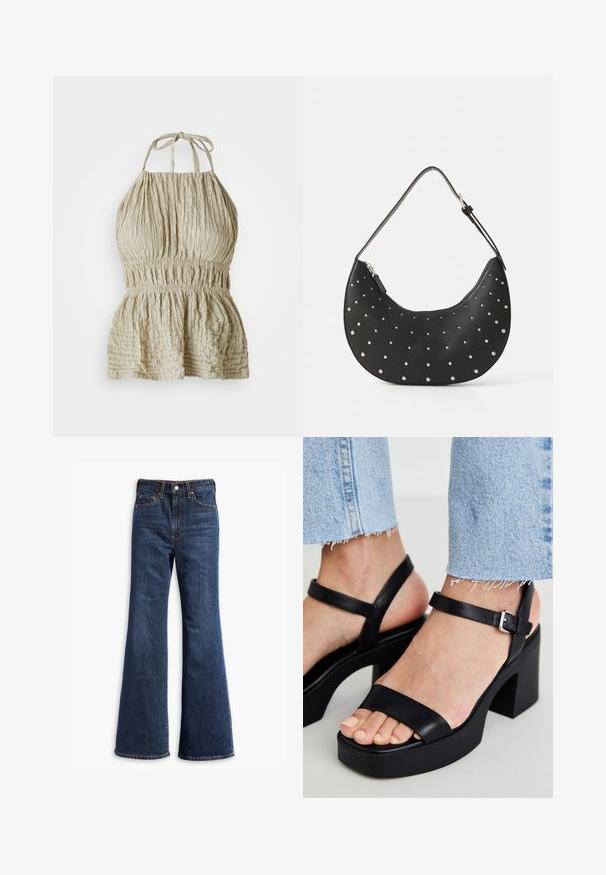 Top halter de color beige claro con tejido texturizado, que presenta un cuerpo fruncido y una cintura elástica, diseñado para un look casual y relajado.; Jeans de mezclilla de tiro alto en azul oscuro, con piernas acampanadas, cierre delantero de botón y cremallera, y diseño de cinco bolsillos.; ALDO CELIE - Sandalias de tacón - black; Bolso de mano de cuero negro con forma curva, adornado con tachuelas plateadas, cuenta con cierre de cremallera y una sola correa ajustable.