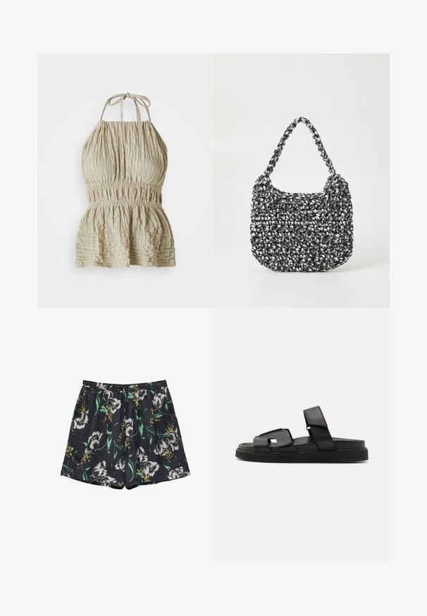 Haut halter beige clair en tissu texturé, avec un buste froncé et une taille élastique, conçu pour un look décontracté et relax.; Short noir avec imprimé floral blanc et jaune et feuilles vertes, doté d'une taille élastique avec un cordon de serrage.; Sandales slide en cuir noir avec une large bande design à découpes géométriques et une finition texturée, complétées par une semelle en caoutchouc épaisse.; Sac en osier noir et blanc de forme arrondie, avec une surface texturée et une poignée tressée. Convient à un usage décontracté.