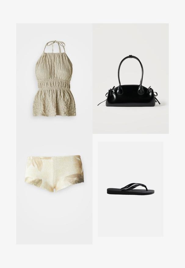 Haut halter beige clair en tissu texturé, avec un buste froncé et une taille élastique, conçu pour un look décontracté et relax.; Shorts tricotés en beige clair avec un motif floral. Dotés d'une surface texturée et d'un ourlet festonné. Tissu doux et léger.; Sandale tong noire en caoutchouc avec semelle texturée et brides lisses, vue de côté sur un fond gris clair uni.; Petit sac à main noir brillant avec deux longues anses et des détails à cordon sur les côtés sur un fond clair uni.