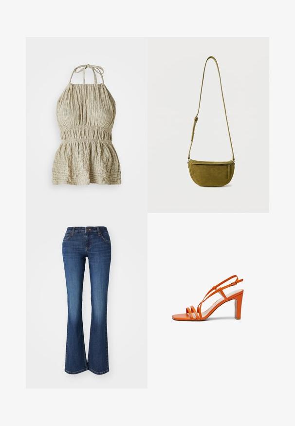 Haut halter beige clair en tissu texturé, avec un buste froncé et une taille élastique, conçu pour un look décontracté et relax.; Jean en denim évasé avec un lavage bleu moyen, présentant une texture lisse, une taille mi-haute et un design traditionnel à cinq poches avec des accents en métal.; Sandale à talon haut orange avec des fines lanières et un embout carré. Présente un talon épais et une fermeture à boucle à la cheville, fabriquée en matériau lisse.; Sac bandoulière en daim vert olive avec sangle réglable et poche avant zippée sur fond blanc uni.